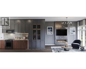 A modern kitchen with a fireplace and a chair.