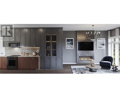 A modern kitchen with a fireplace and a chair.