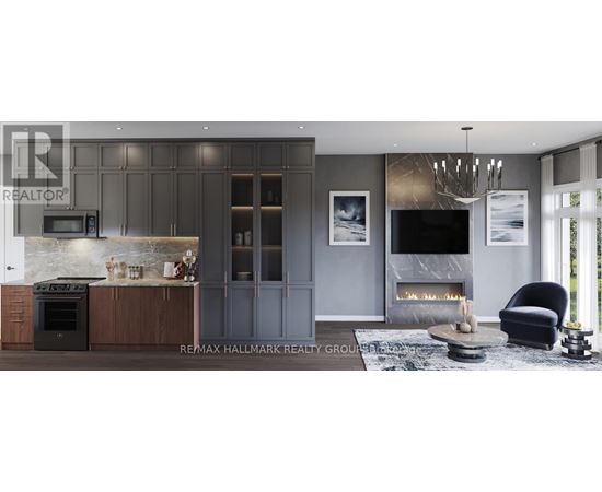 A modern kitchen with a fireplace and a chair.