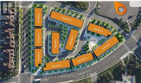 An aerial view of a building complex with eight buildings labeled A to H.
