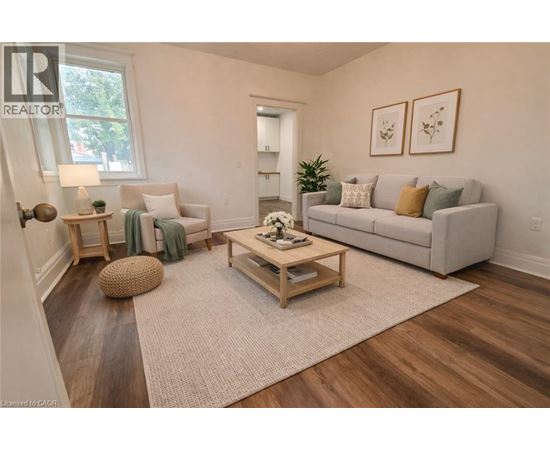A living room with a grey couch, a wooden coffee table, and a rug.