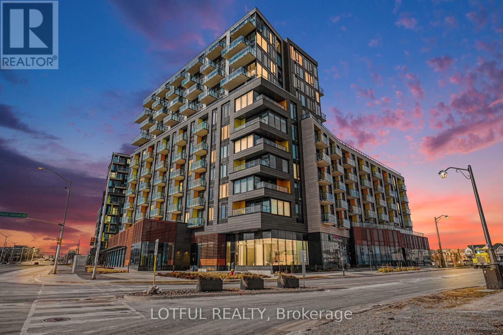 A modern multi-story building with the words "LOTFUL REALTY, Brokerage" on the side.