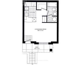 A black and white image of a floor plan for a living and dining room.