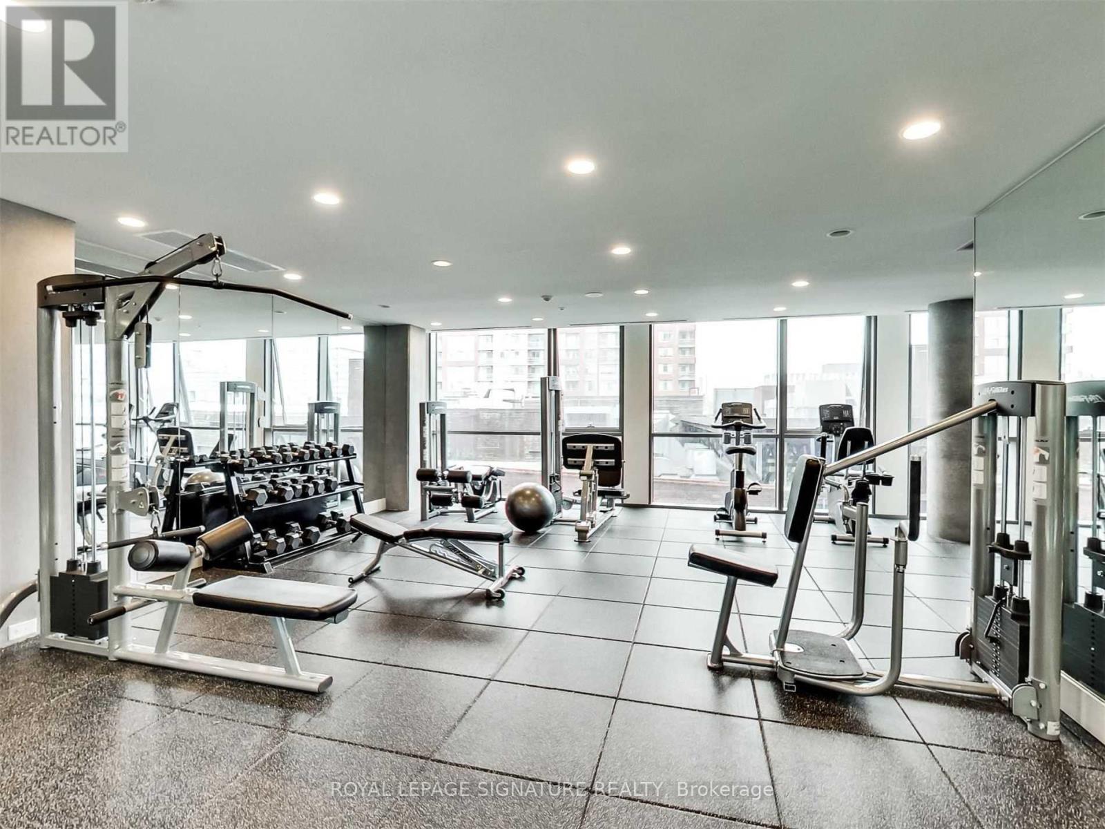 A gym with a variety of equipment including a treadmill, weights, and a bench press.