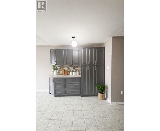 A kitchen with grey cabinets and a countertop with a plant on it.