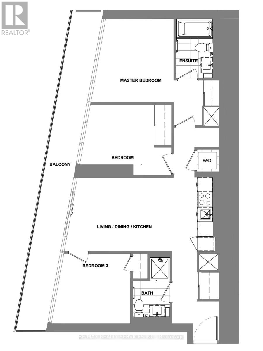 A floor plan of an apartment with a master bedroom, two bedrooms, a balcony, and a living/dining/kitchen area.