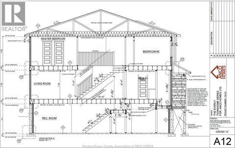 A drawing of a house with a living room, master bedroom, and other rooms.