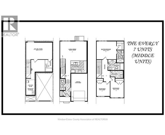 A black and white image of a floor plan for a building with three units.