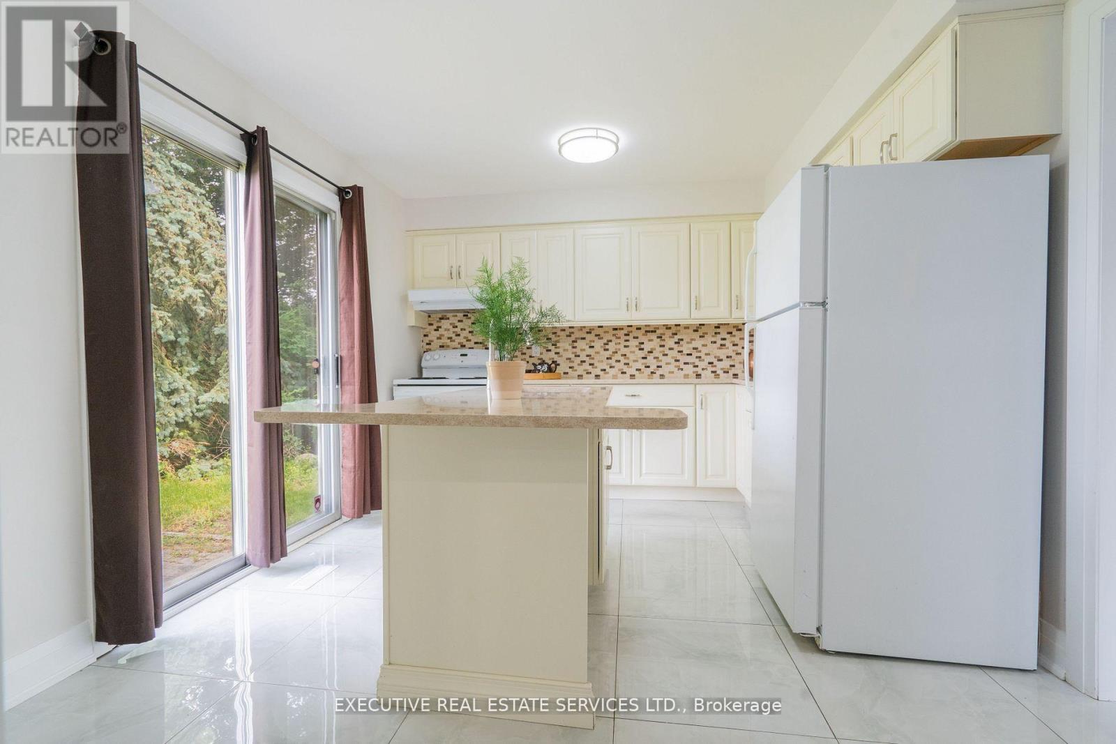 A kitchen with a white fridge and a counter with a plant on it.