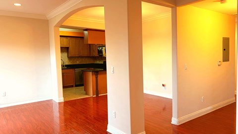 A kitchen area with a counter and cabinets.