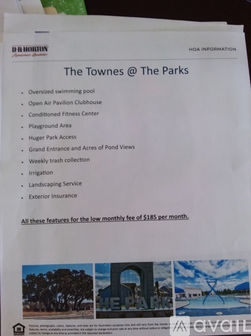 A flyer for The Townes @ The Parks lists the features and monthly fee.