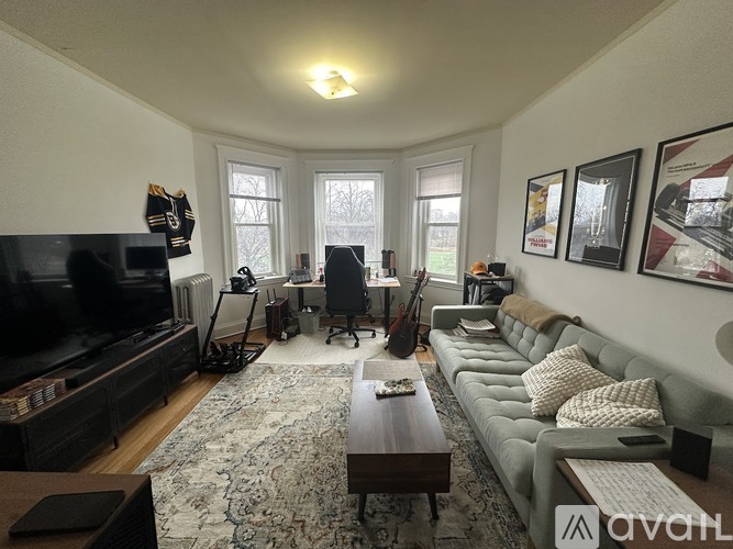 A living room with a television, couch, and a rug.
