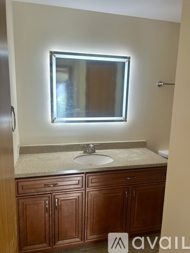 A bathroom with a sink and a mirror above it.