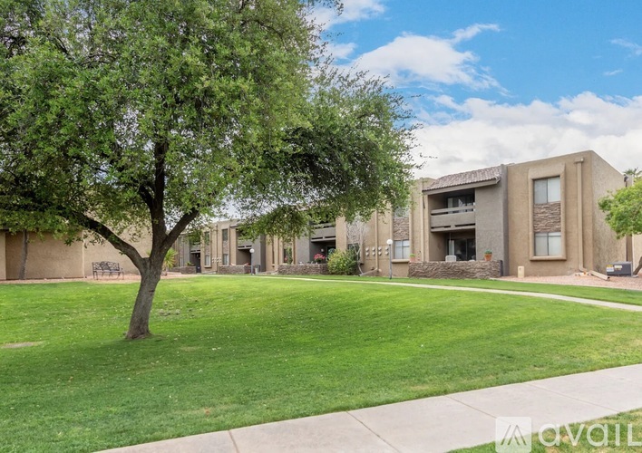 A tree in front of a building with a lawn in between.