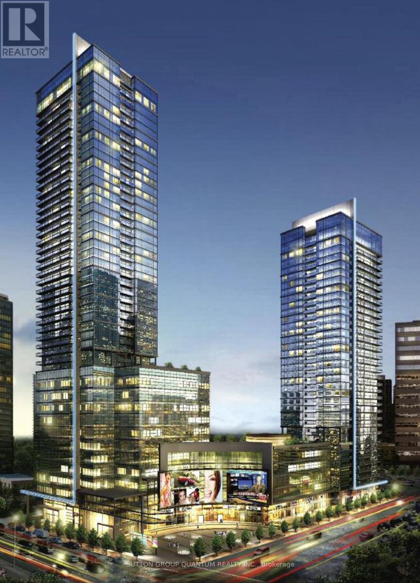 A rendering of a cityscape with two tall buildings and a lit-up billboard in the foreground.