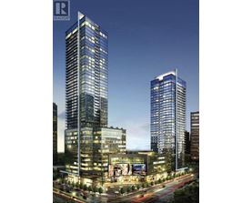 A rendering of a cityscape with two tall buildings and a lit-up billboard in the foreground.