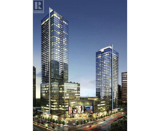 A rendering of a cityscape with two tall buildings and a lit-up billboard in the foreground.