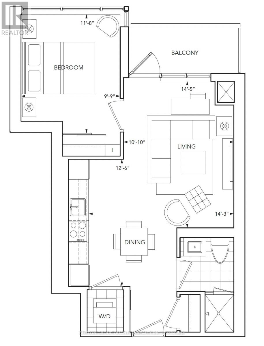 A black and white floor plan of a home with a balcony, bedroom, living room, dining room, and a walk-in closet.