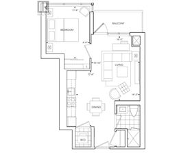 A black and white floor plan of a home with a balcony, bedroom, living room, dining room, and a walk-in closet.