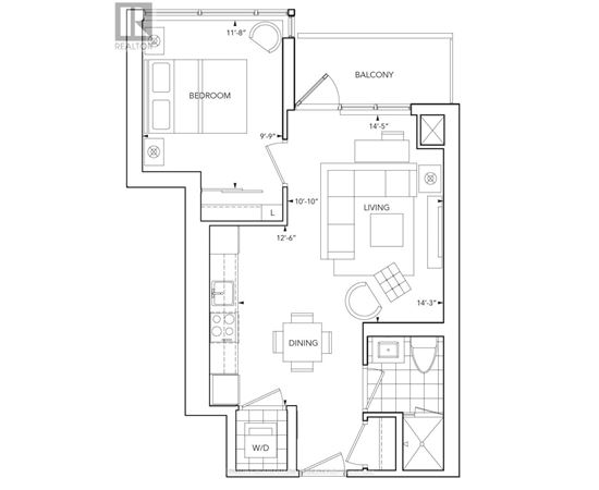 A black and white floor plan of a home with a balcony, bedroom, living room, dining room, and a walk-in closet.
