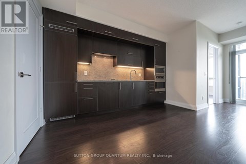 A modern kitchen with dark wood cabinets and a countertop.