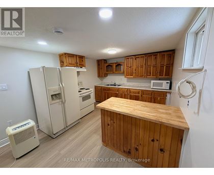 A kitchen with wooden cabinets and a white fridge.