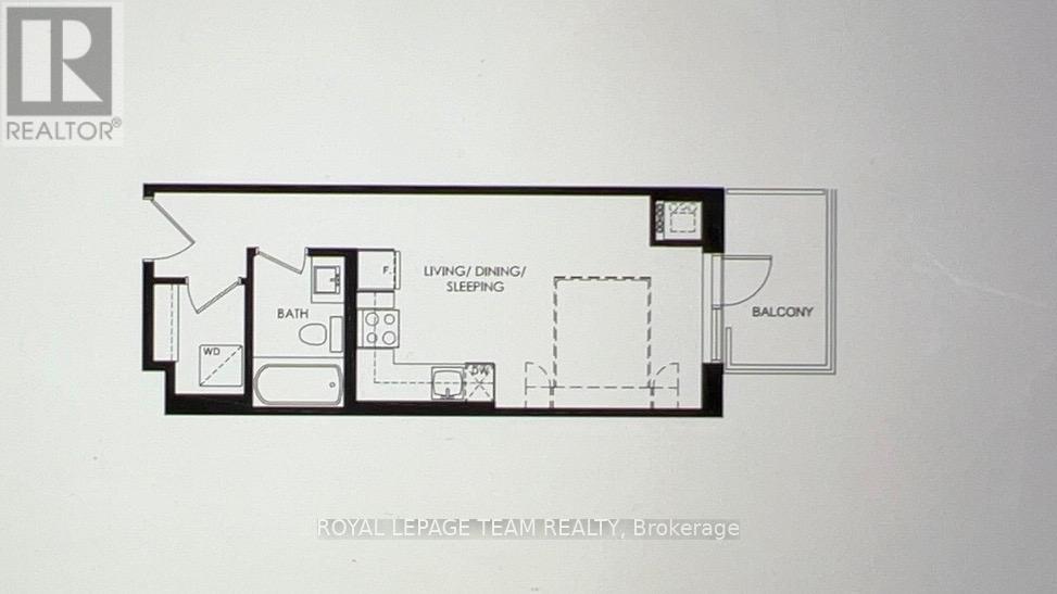 A floor plan of a room with a living room, dining room, sleeping area, bathroom, and balcony.