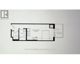 A floor plan of a room with a living room, dining room, sleeping area, bathroom, and balcony.