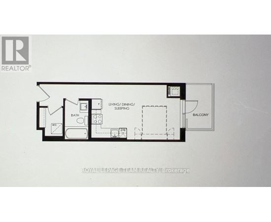 A floor plan of a room with a living room, dining room, sleeping area, bathroom, and balcony.