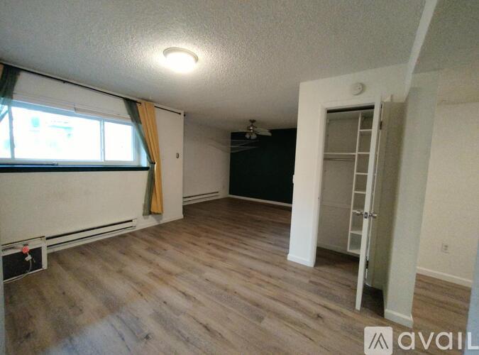 A room with a window, a door, and a ceiling fan.