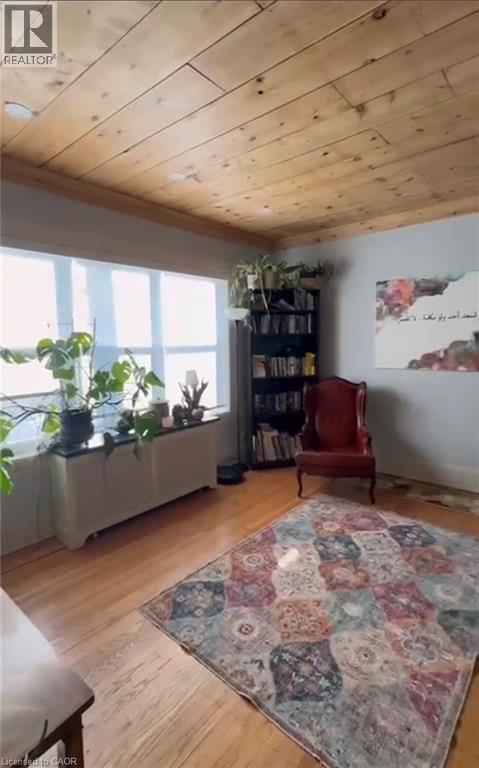 A room with a wooden ceiling and a rug on the floor.