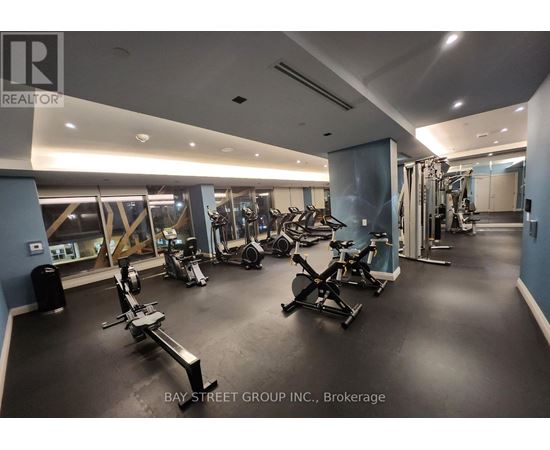 A gym with a variety of equipment including treadmills, stationary bikes, and weight machines.