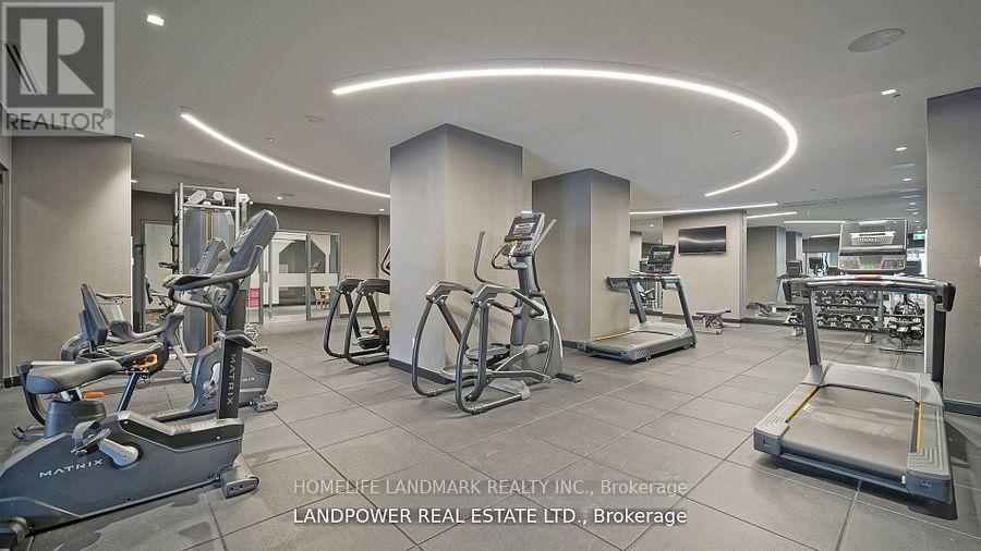 A gym with a variety of equipment including treadmills, stationary bikes, and weight machines.
