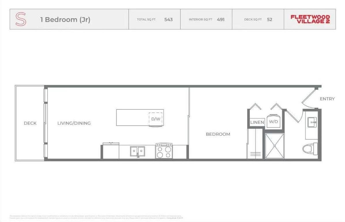 A floor plan of a 1 Bedroom (Jr) apartment in Fleetwood Village 2.
