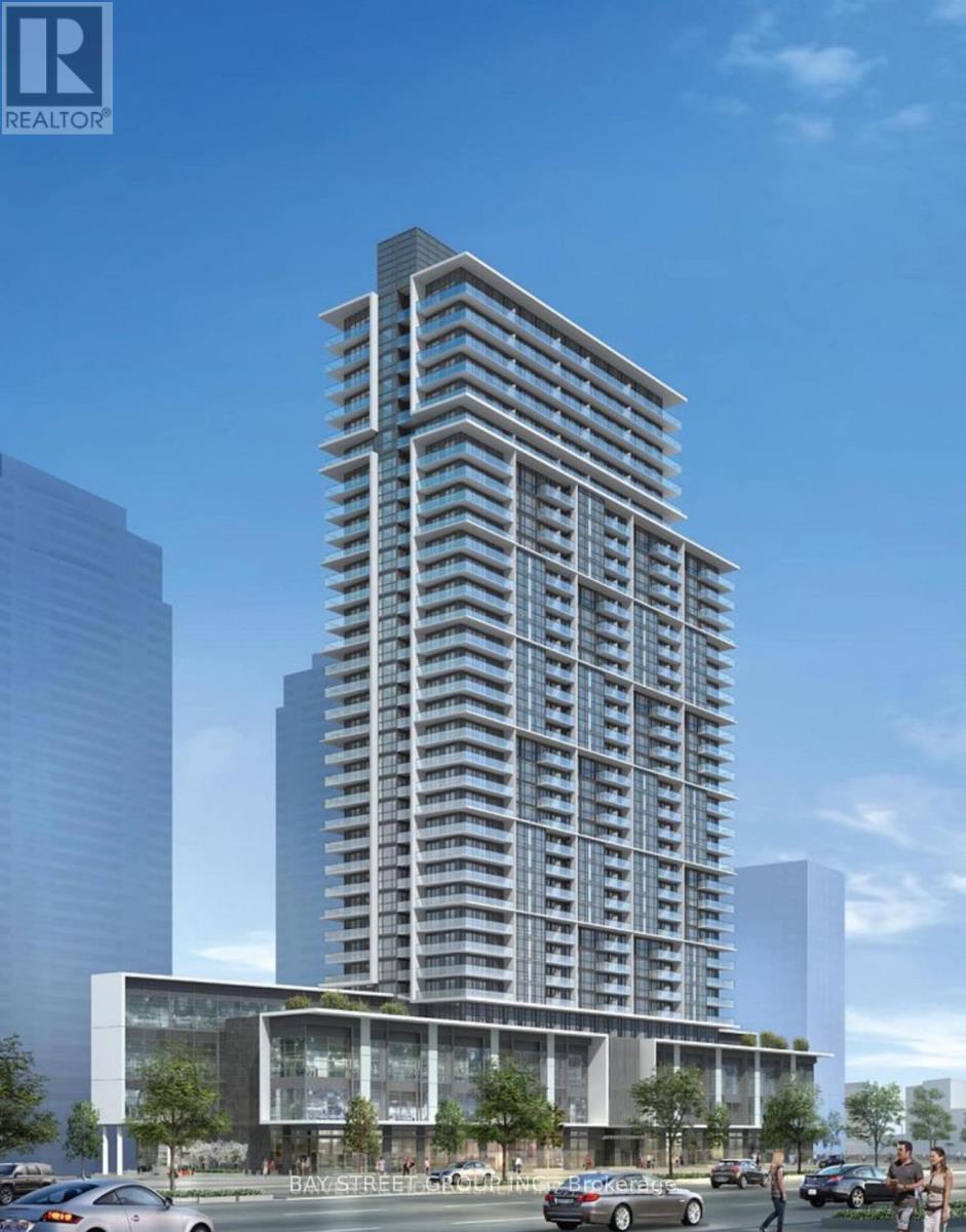 A rendering of a tall residential building with a glass facade and a street view in front.