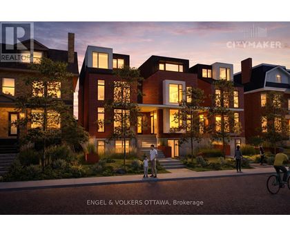 A modern residential building with people walking and cycling in front.