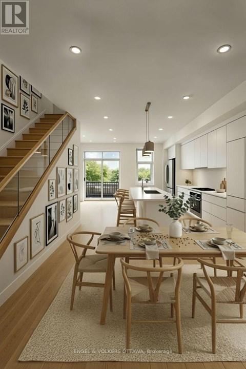 A modern dining room with a wooden table and chairs.
