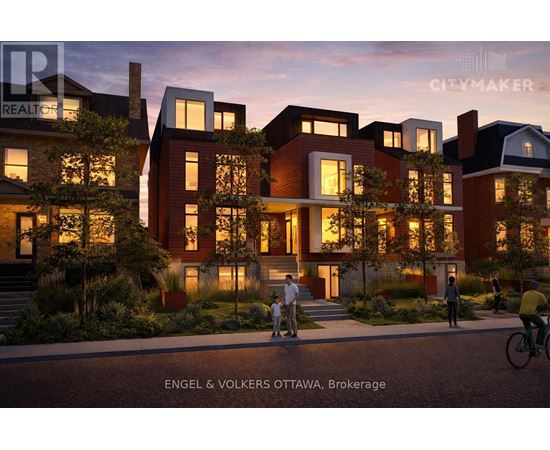A modern residential building with people walking and cycling in front.