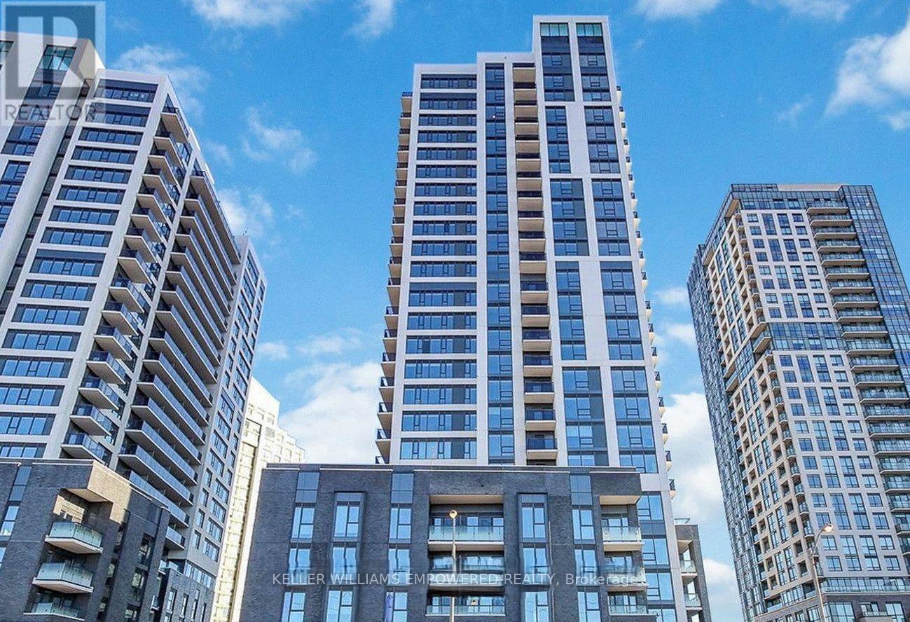 A cityscape with tall buildings and a clear blue sky.