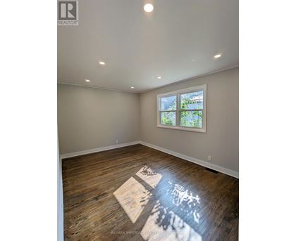 A room with wooden flooring and a window showing greenery outside.