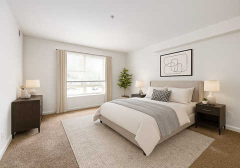 A bedroom with a large bed, two nightstands, and a window.