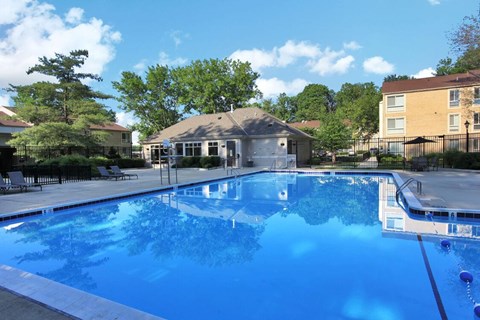 A swimming pool surrounded by a fence and trees.