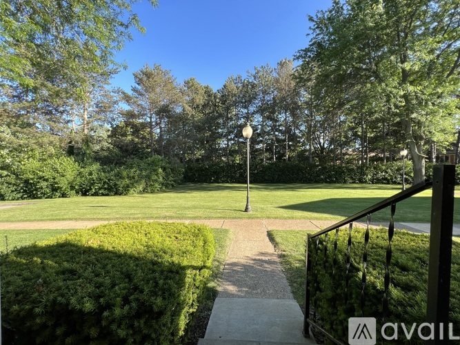 A well-maintained garden with a clear pathway and a lamp post.