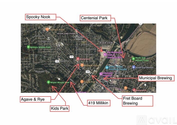 A map shows a network of streets with various landmarks labeled, such as "Spooky Nook," "Centennial Park," and "Municipal Brewing."