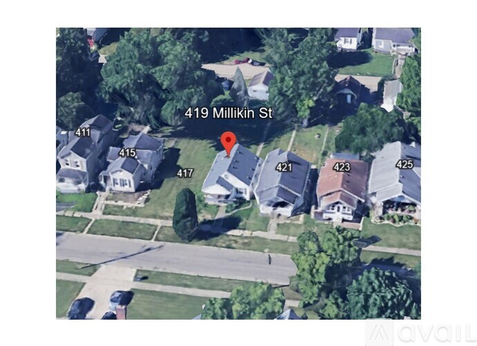 A satellite image shows a street view of 419 Millikin St with a red marker on a house.