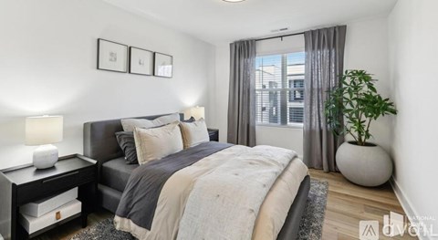 A bedroom with a bed, nightstand, and a plant.