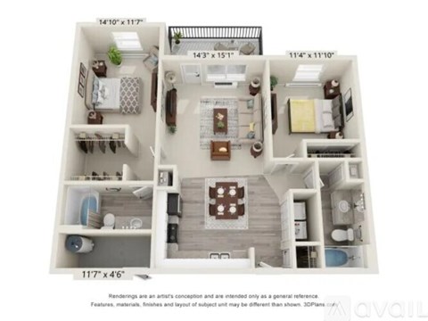 A 3D floor plan of a house with a kitchen, living room, and two bedrooms.