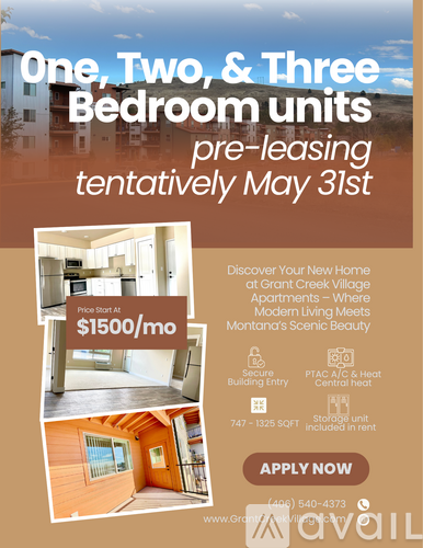 An advertisement for pre-leasing bedroom units at Grant Creek Village Apartments.