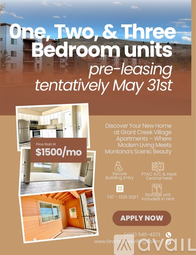 An advertisement for pre-leasing bedroom units at Grant Creek Village Apartments.
