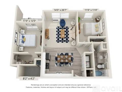 A 3D floor plan of a small apartment with a kitchen, living room, and bathroom.